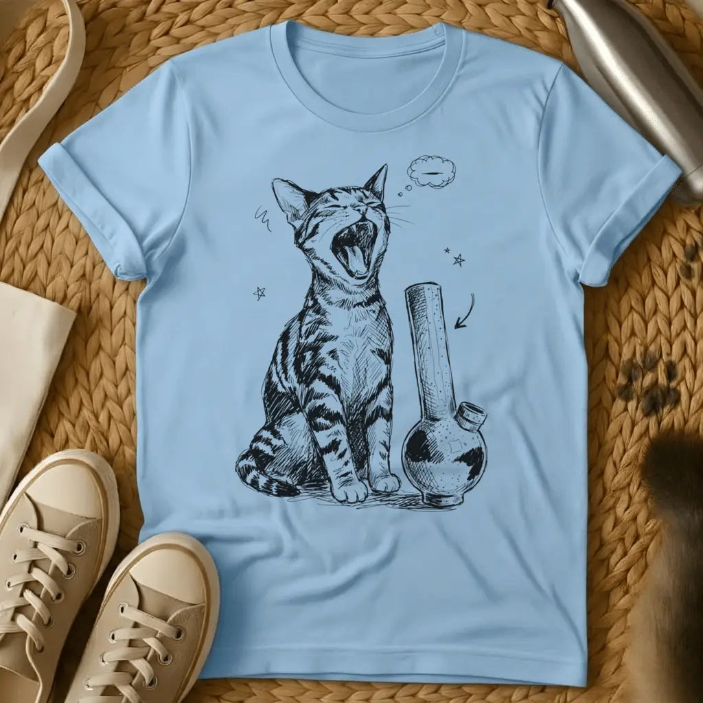Light Blue - Military green t-shirt with black ink sketch of a yawning tabby cat sitting next to a bong with stars and empty thought bubble