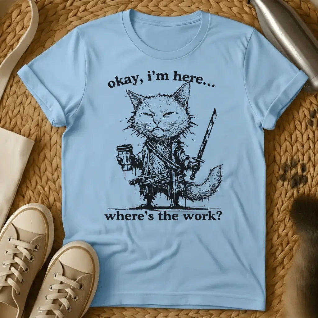 Light Blue - Military green t-shirt with a grumpy armored warrior cat holding coffee and a sword with humorous text