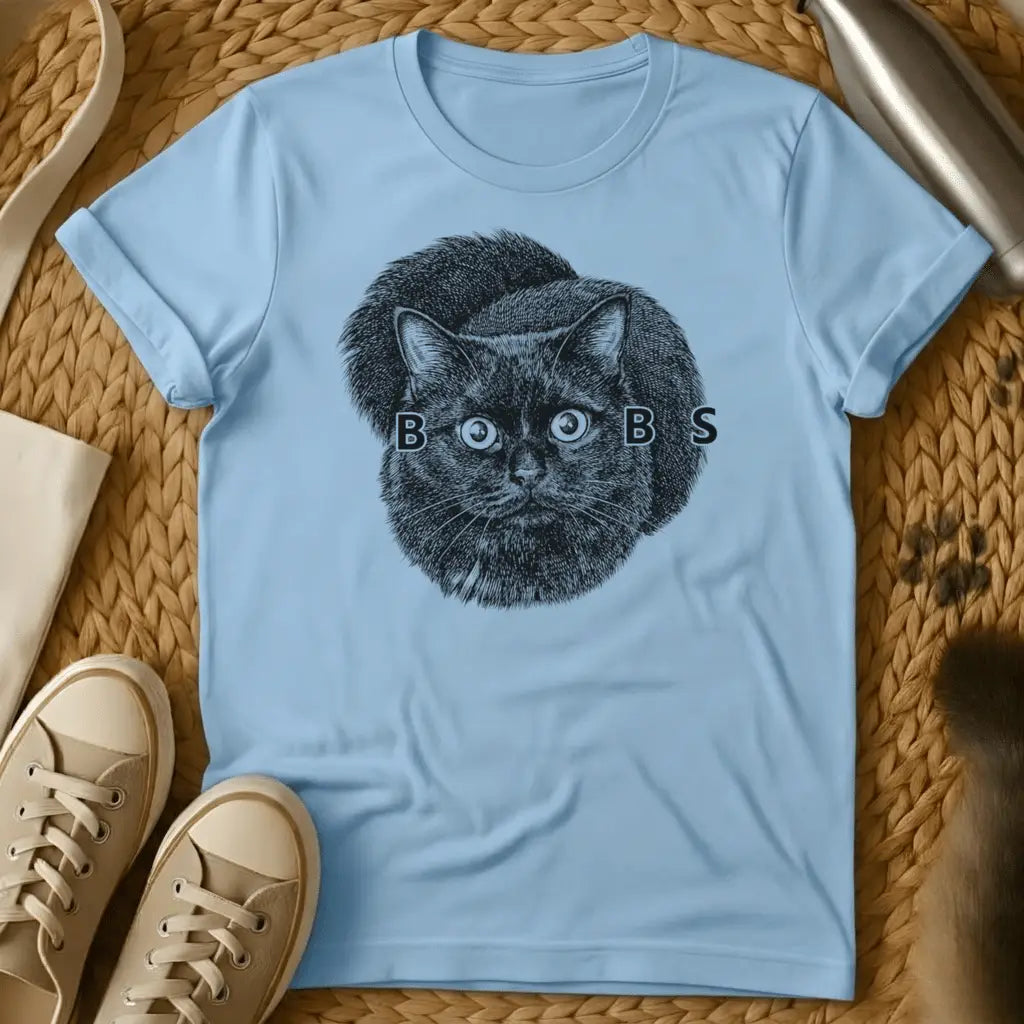 Light Blue - Military green t-shirt with vintage engraving of a round black cat, wide eyes forming the O's in the word BOOBS