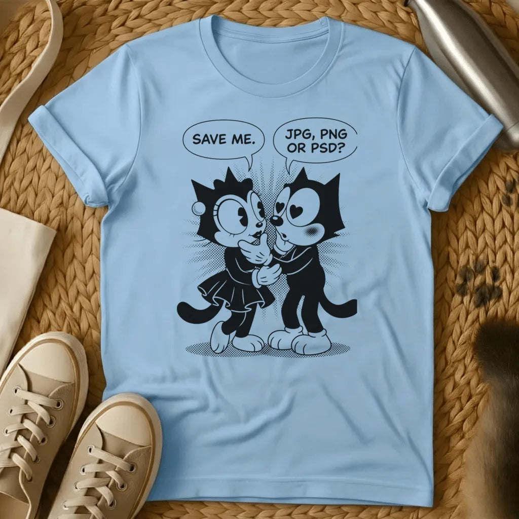 Light Blue - Olive green t-shirt with retro cartoon cats in speech bubble comic style debating JPG PNG or PSD file formats