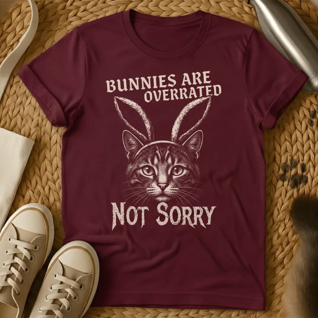 Maroon - Forest green t-shirt with a stern engraved tabby cat wearing bunny ears and gothic text reading Bunnies Are Overrated Not Sorry