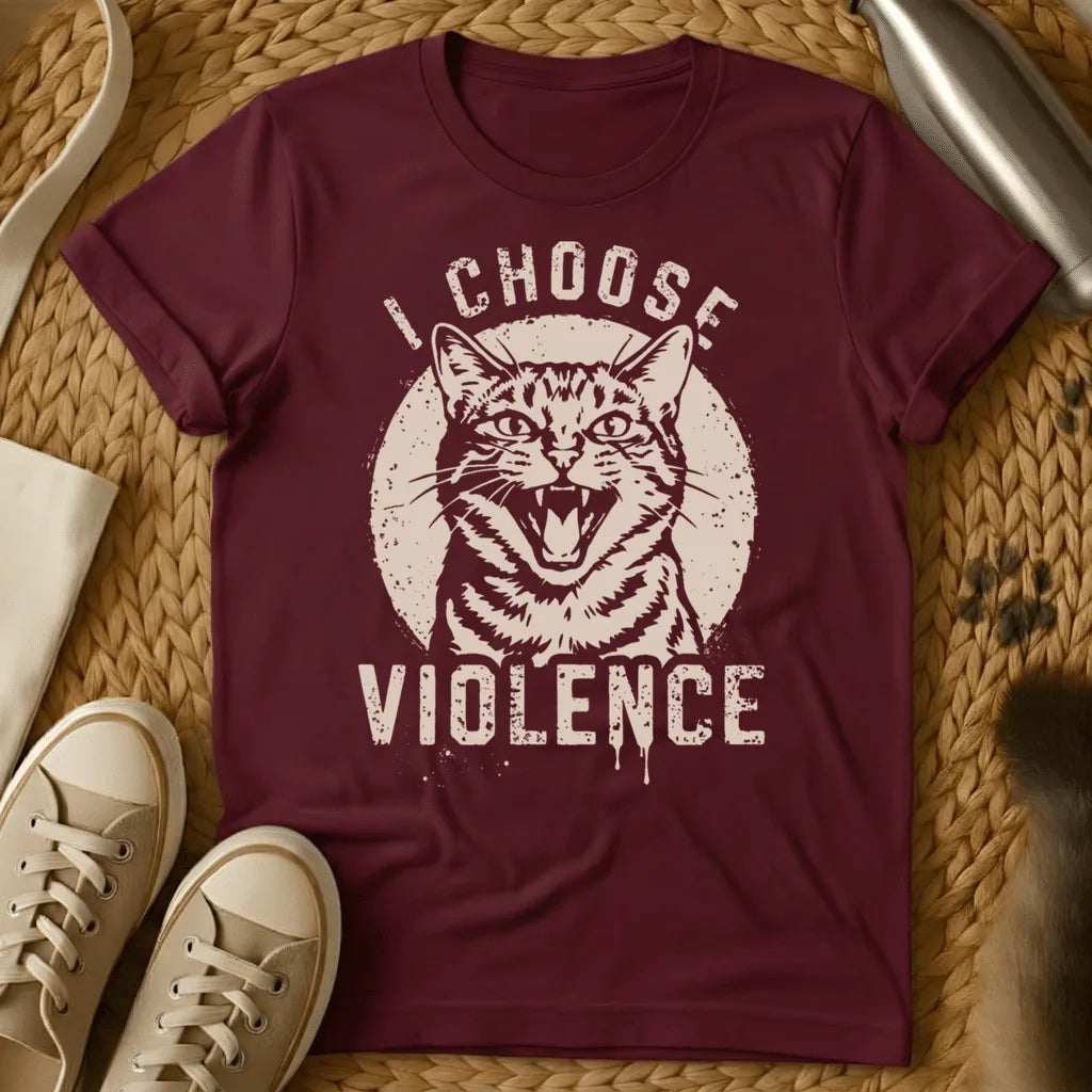 Maroon - Maroon unisex t-shirt with a hissing angry cat face and bold text reading I Choose Violence in vintage cream print