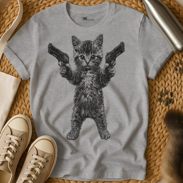 MewTee Gray / S Cat With Gun Shirt | Cat Tee