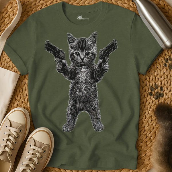 MewTee Military Green / S Cat With Gun Shirt | Cat Tee