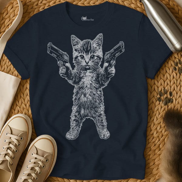 MewTee Navy / S Cat With Gun Shirt | Cat Tee