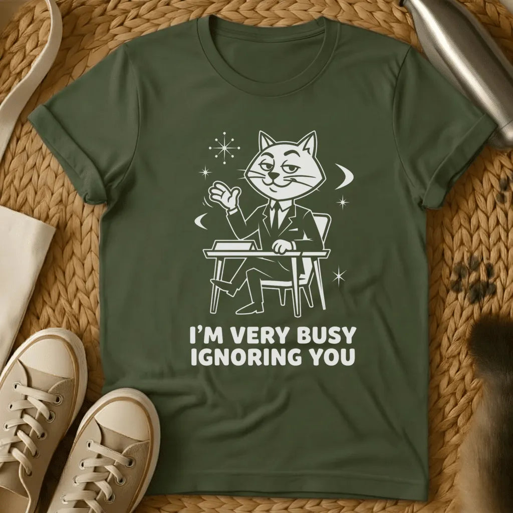 Military Green - Black t-shirt with vintage cartoon cat at desk design and text reading "I'm Very Busy Ignoring You