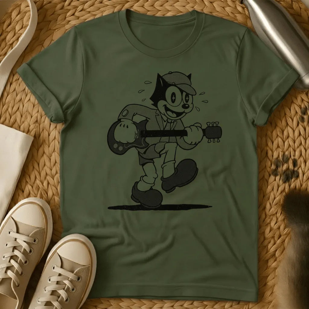 Military Green - Dark brown t-shirt with a cream retro 1930s cartoon cat in a newsboy cap and suit playing electric guitar mid-stride