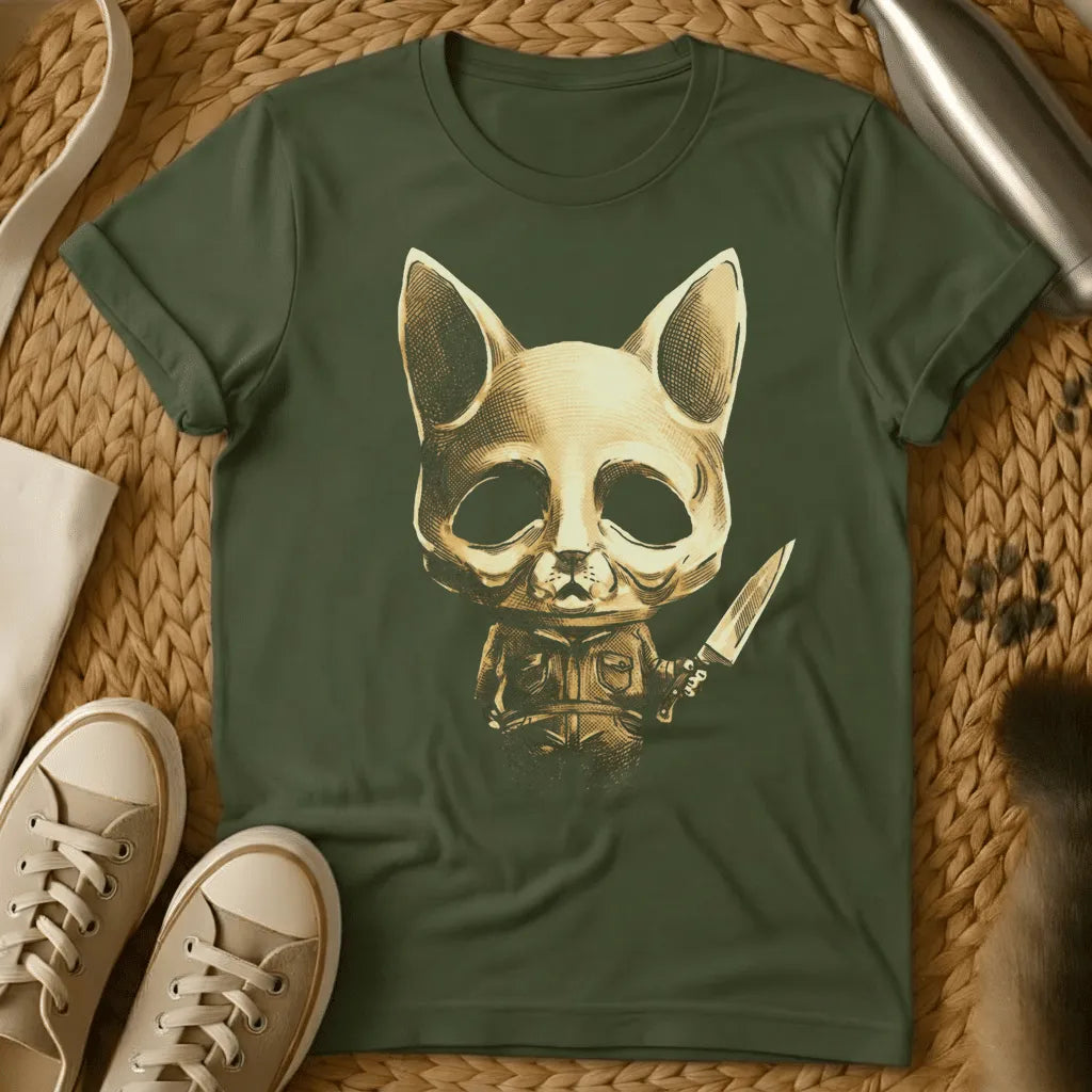 Military Green - Dark grey t-shirt with a golden engraving of a skeletal cat skull in a utility jacket holding a large knife