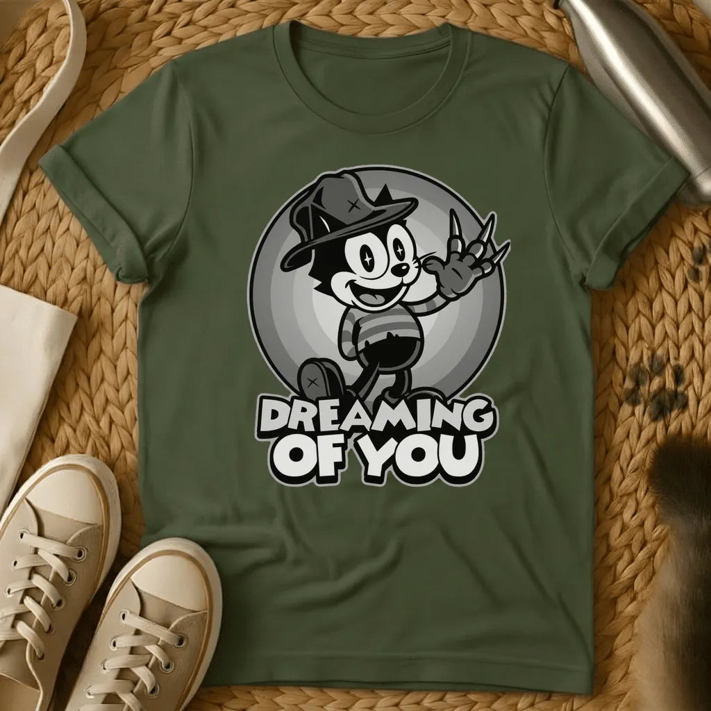 Military Green - Vintage cartoon cat in cowboy hat waving in front of moon with "Dreaming of You" text on sage green t-shirt