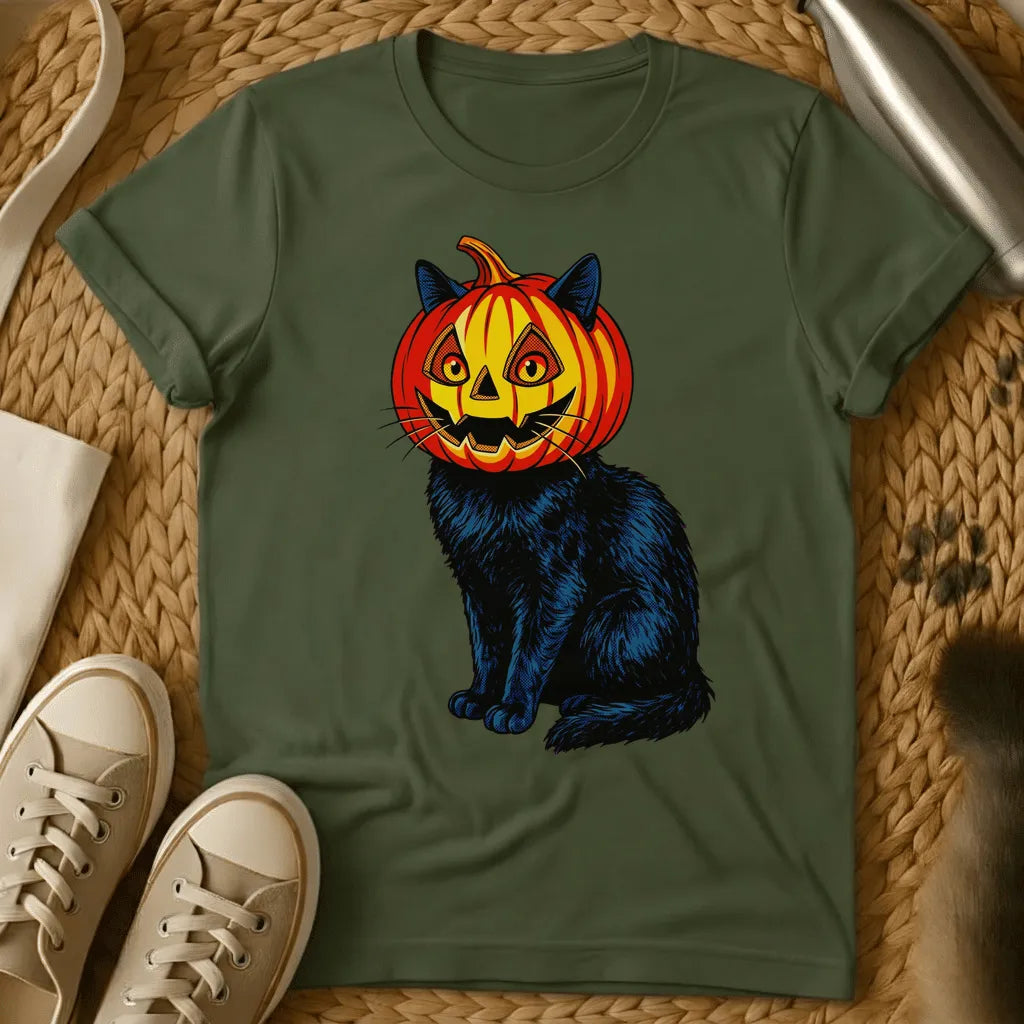 Military Green - Black cat wearing a carved jack-o'-lantern pumpkin head with yellow face and blue ears on sage green t-shirt