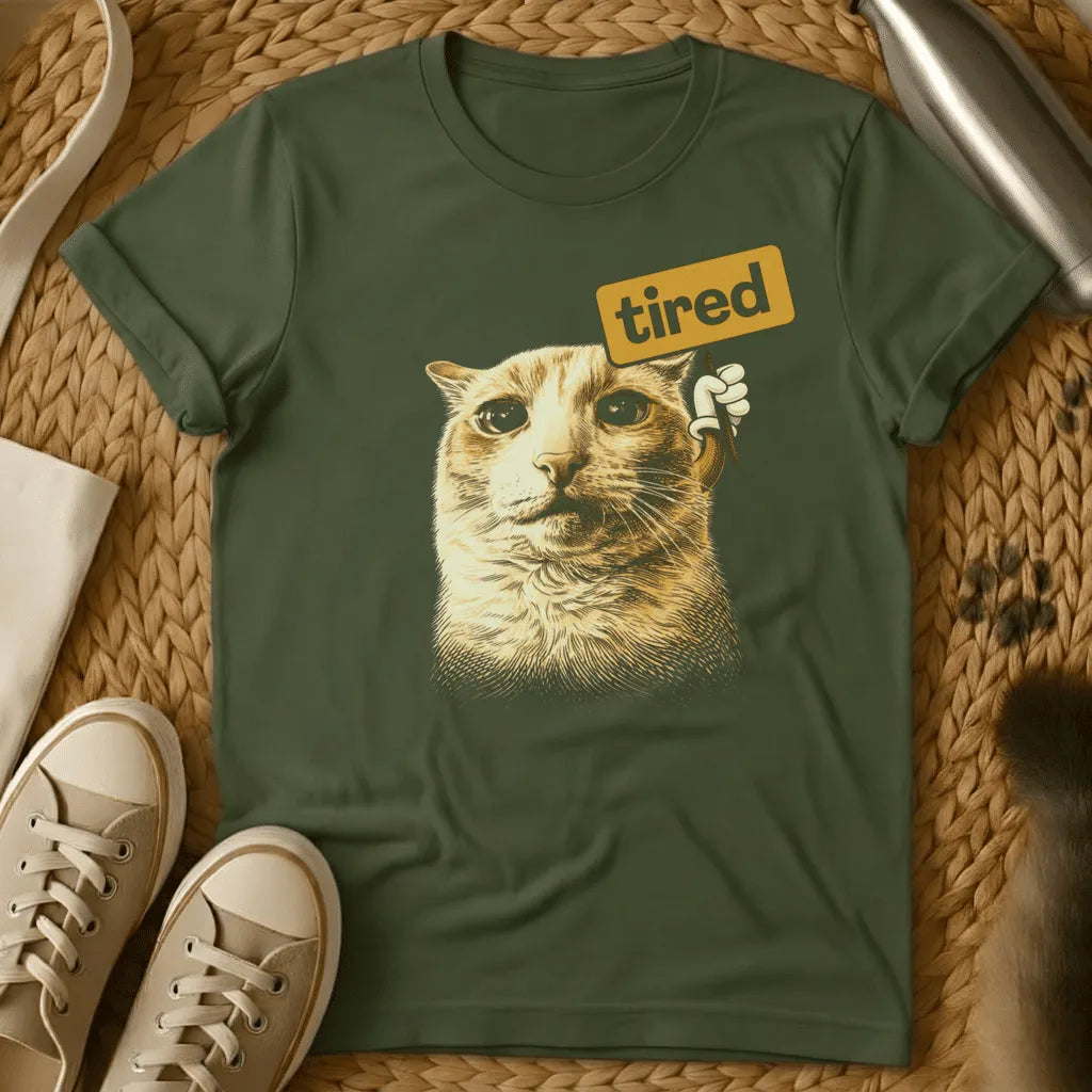 Military Green - Dark grey t-shirt with sepia engraving-style cat holding a golden sign reading tired in a cartoon hand