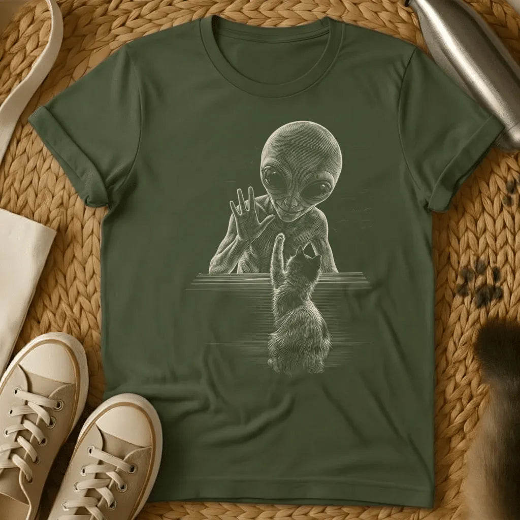 Military Green - Dark grey t-shirt with monochrome engraving of a grey alien and fluffy cat reaching toward each other across a flat surface