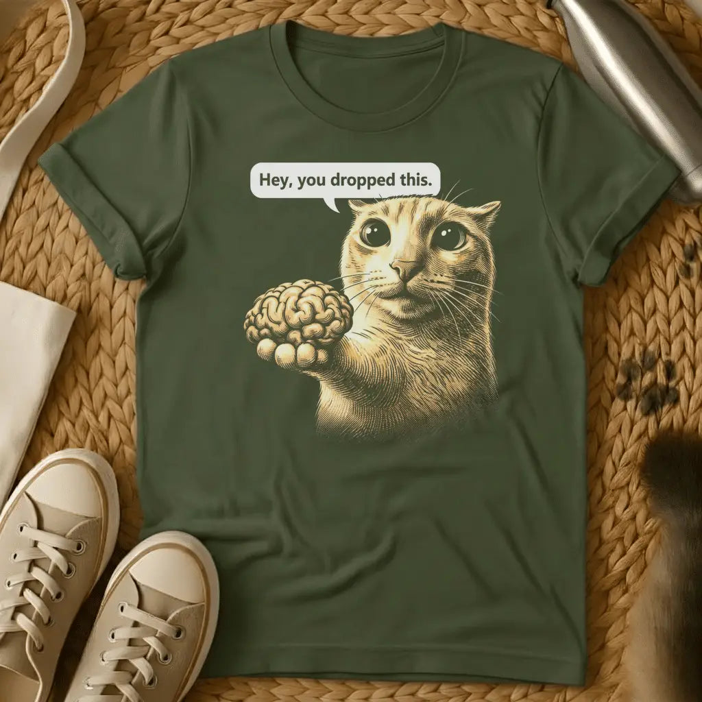 Military Green - Dark heather grey t-shirt with a vintage engraving-style cat holding a human brain with the caption Hey you dropped this