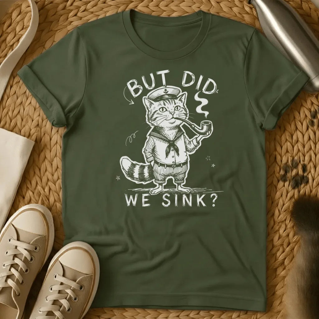 Military Green - Dark grey t-shirt with a vintage engraving of a pipe-smoking tabby cat in sailor uniform and anchor captain hat, text reads But Did We Sink