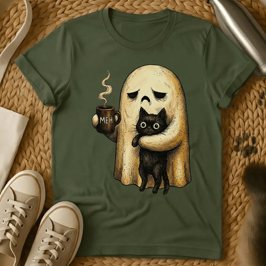 Military Green - Ghost holding coffee mug with black cat, saying "MEH" on sage green t-shirt, illustrated style