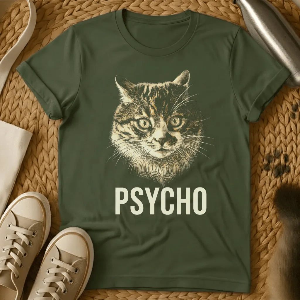 Military Green - Dark heather grey t-shirt with vintage engraving-style intense tabby cat face and bold PSYCHO text beneath