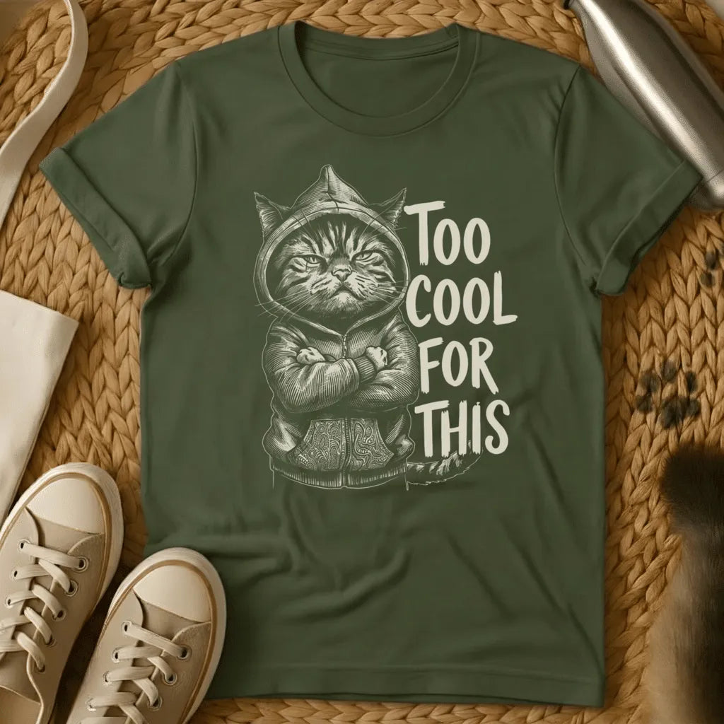 Military Green - Dark grey t-shirt with a sketch of a grumpy hooded cat arms crossed beside text reading Too Cool For This