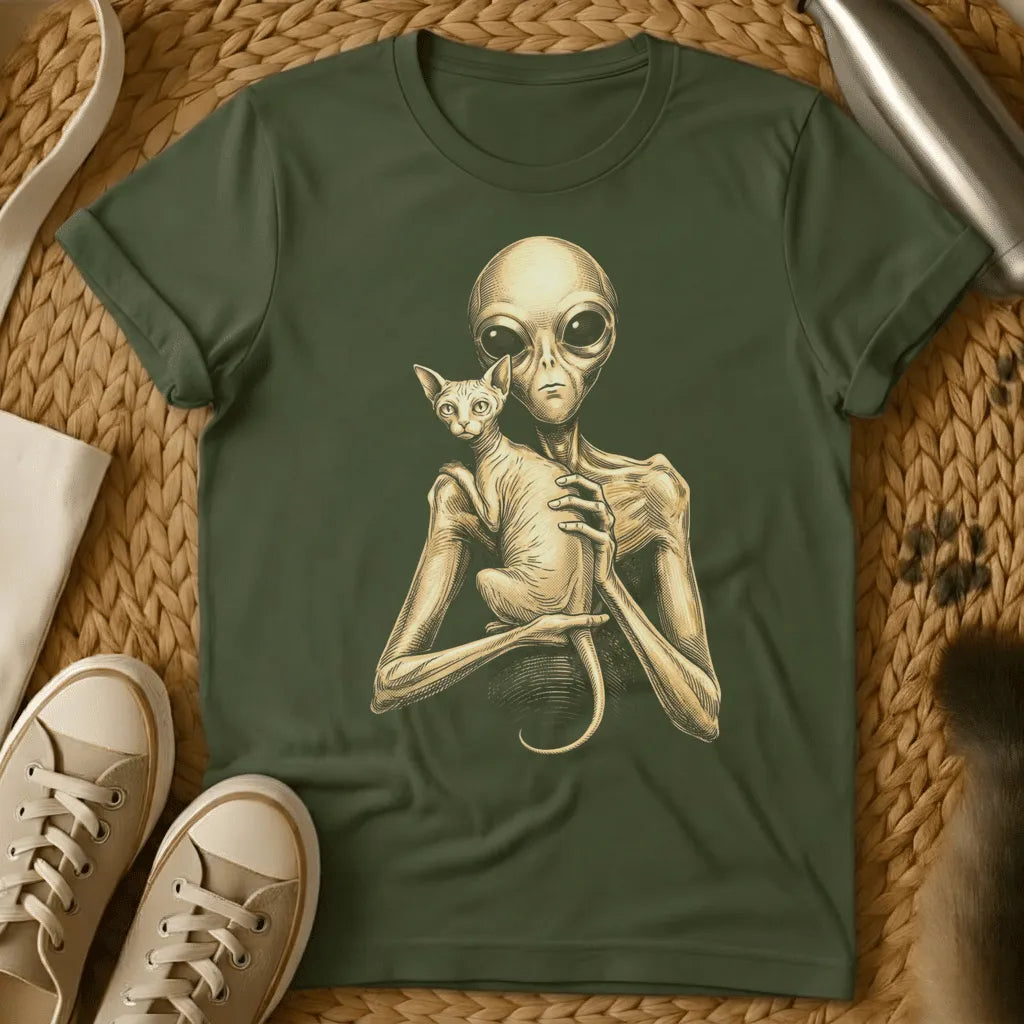 Military Green - Dark gray t-shirt with sepia engraving of a gray alien holding a hairless Sphynx cat against its chest