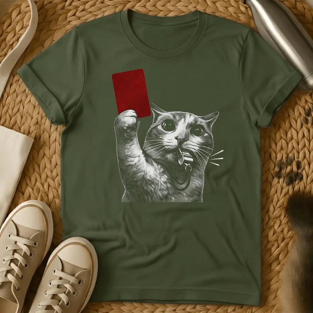 Military Green - Dark heather t-shirt with an engraving-style cat blowing a whistle and holding up a red card like a soccer referee