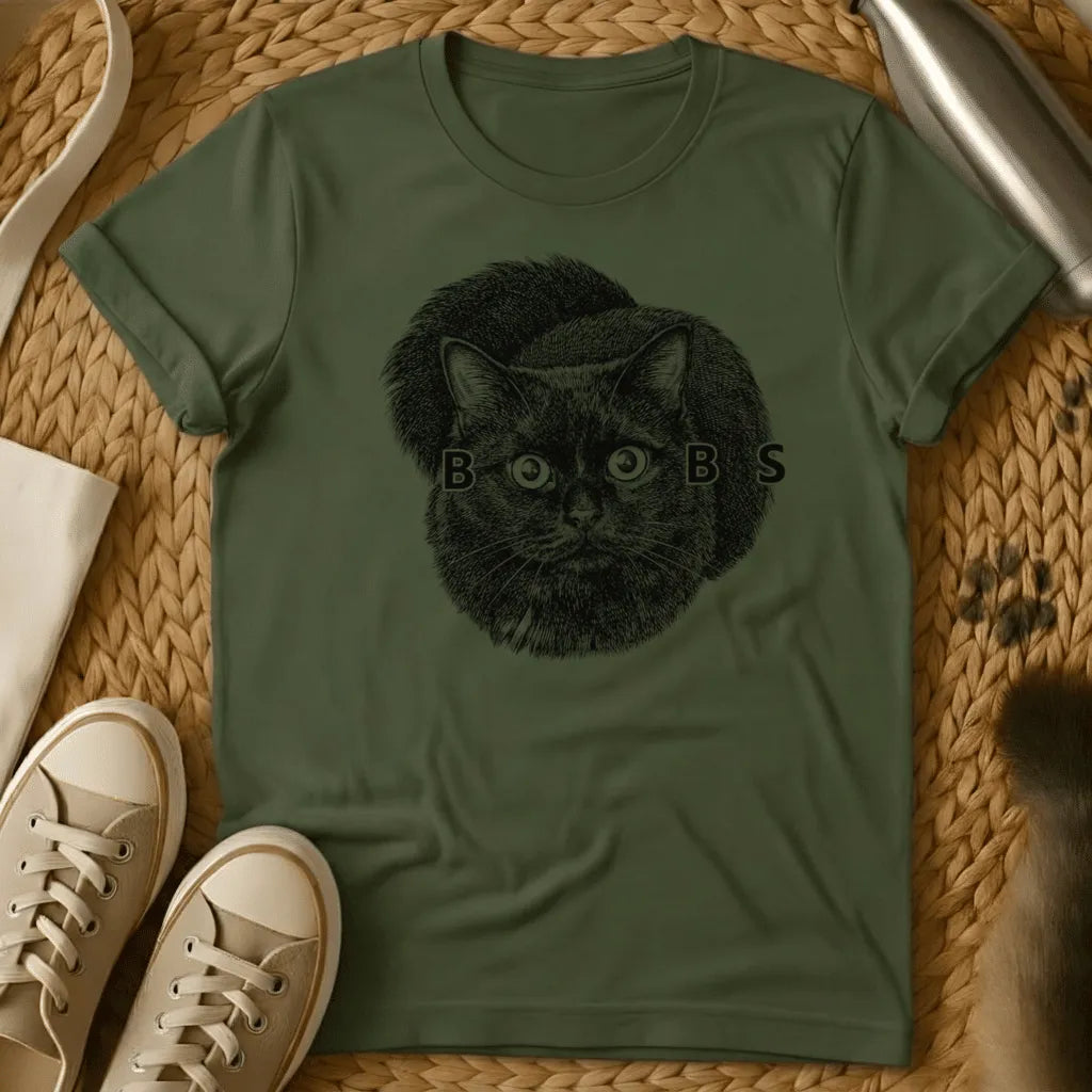 Military Green - Military green t-shirt with vintage engraving of a round black cat, wide eyes forming the O's in the word BOOBS
