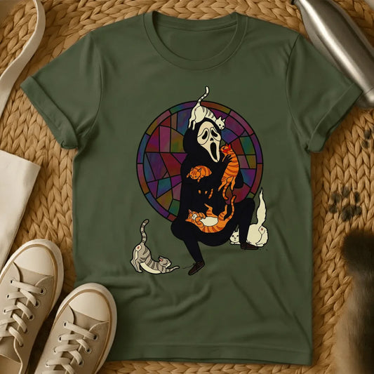 Military Green - Ghost character with orange striped cats on sage green t-shirt, stained glass background design