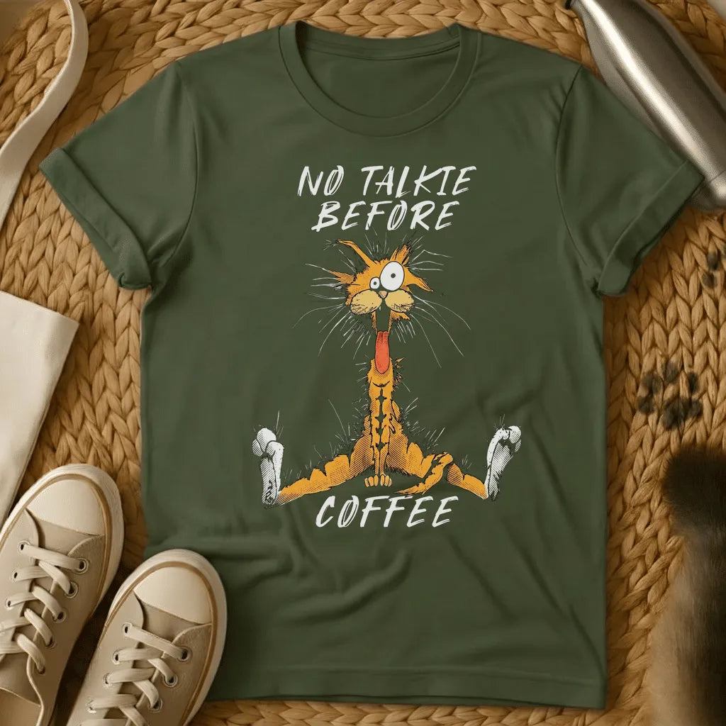 Military Green - Dark grey t-shirt with a wild-eyed frantic orange cartoon cat mouth open fur standing on end text reads No Talkie Before Coffee