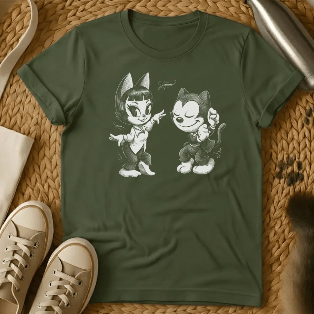 Military Green - Dark grey t-shirt with a black-and-white pencil sketch of two dancing anthropomorphic cats in vintage 1930s cartoon style