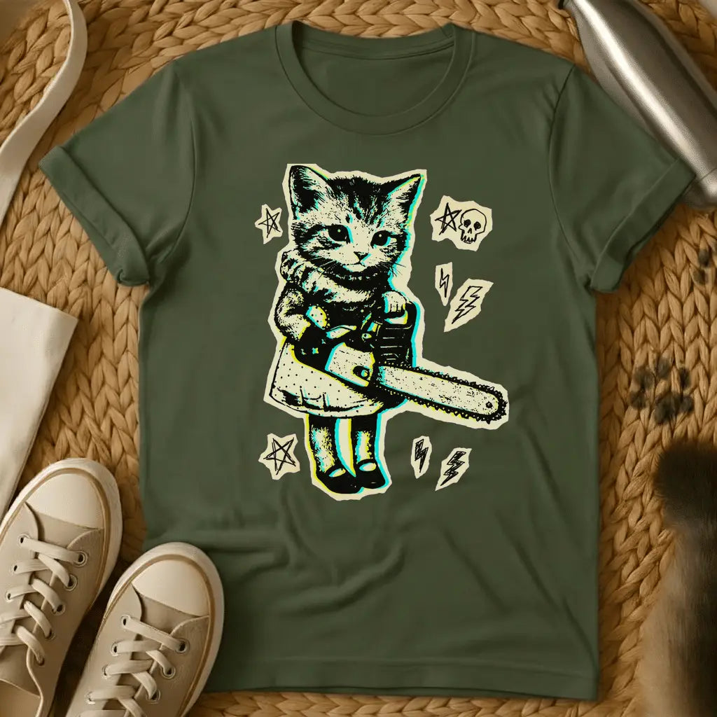Military Green - Military green t-shirt with a neon retro print of a kitten in boots holding a chainsaw surrounded by skulls pentagrams and lightning bolts