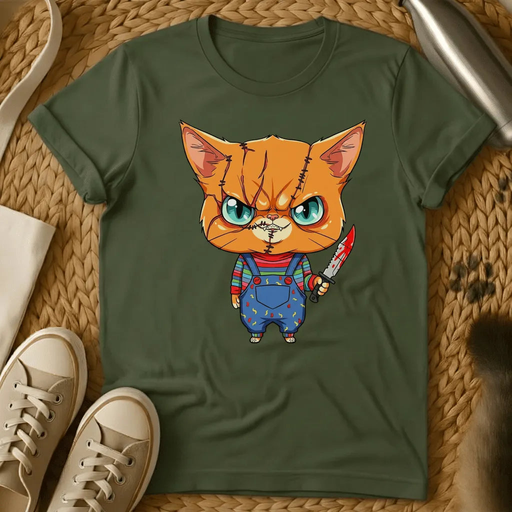 Military Green - Olive green t-shirt with a chibi scarred orange tabby cat in striped shirt and overalls holding a bloody knife