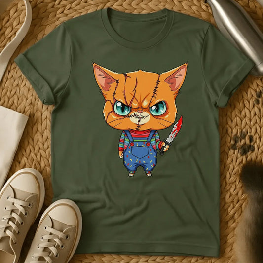 Military Green - Olive green t-shirt with a chibi scarred orange tabby cat in striped shirt and overalls holding a bloody knife