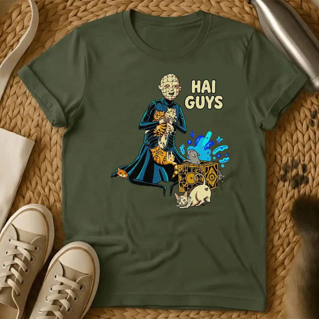 Military Green - Olive green t-shirt featuring an illustrated character holding cats with magical effects and "HAI GUYS" text in anime style.