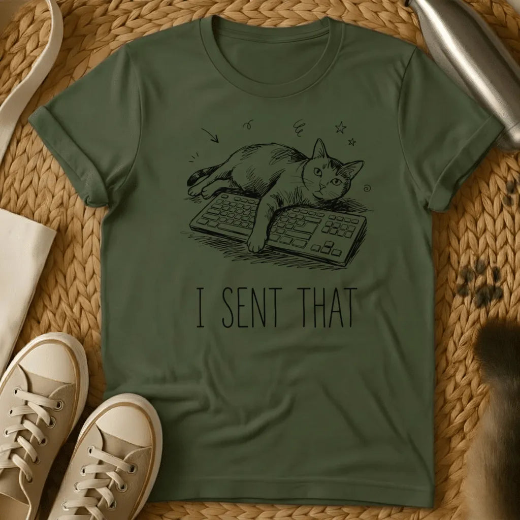 Military Green - Olive green t-shirt with black line drawing of a cat on keyboards and text reading "I SENT THAT