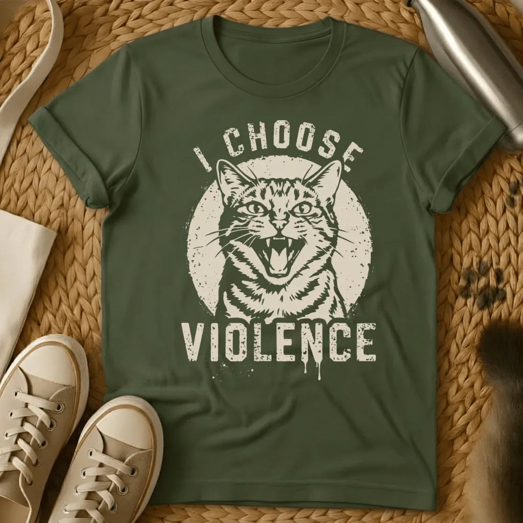 Military Green - Maroon unisex t-shirt with a hissing angry cat face and bold text reading I Choose Violence in vintage cream print