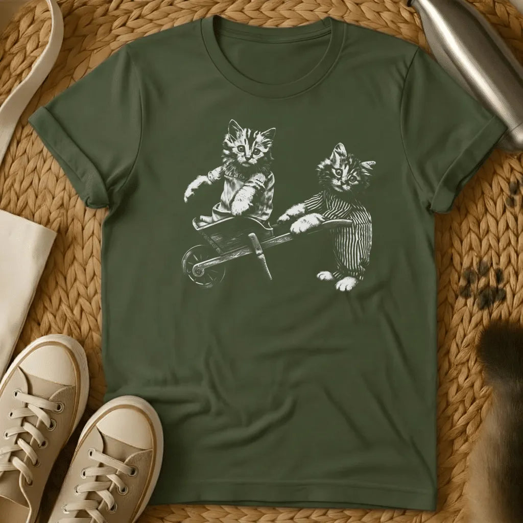 Military Green - Dark heather grey t-shirt with black and white vintage illustration of two suited kittens with a small wheelbarrow