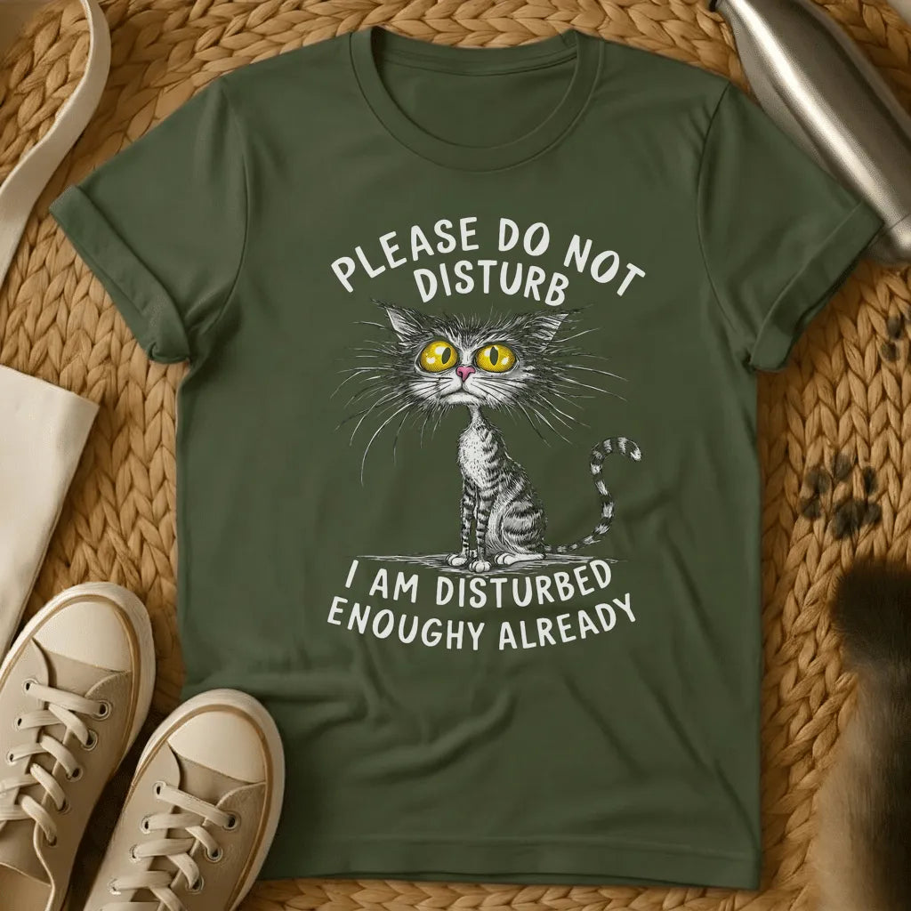 Military Green - Dark heather grey t-shirt with a sketchy wild-eyed tabby cat and humorous do not disturb slogan text