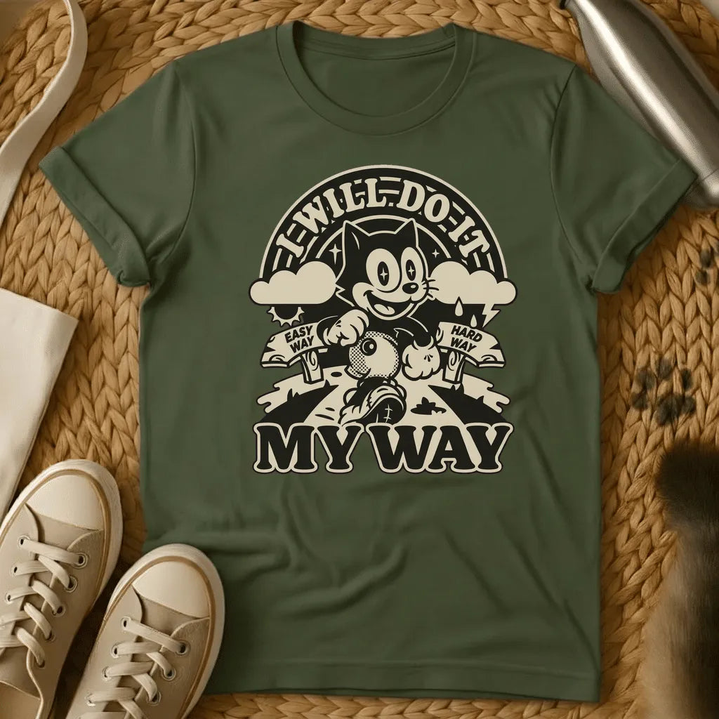 Military Green - Navy t-shirt with vintage rubber-hose cartoon cat striding forward holding a bag, flanked by Easy Way and Hard Way banners, text reads I Will Do It My