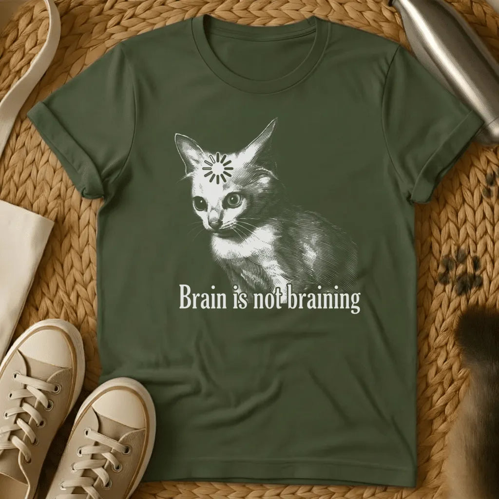 Military Green - Dark heather grey t-shirt with vintage engraving cat featuring a loading spinner on its forehead and text Brain is not braining