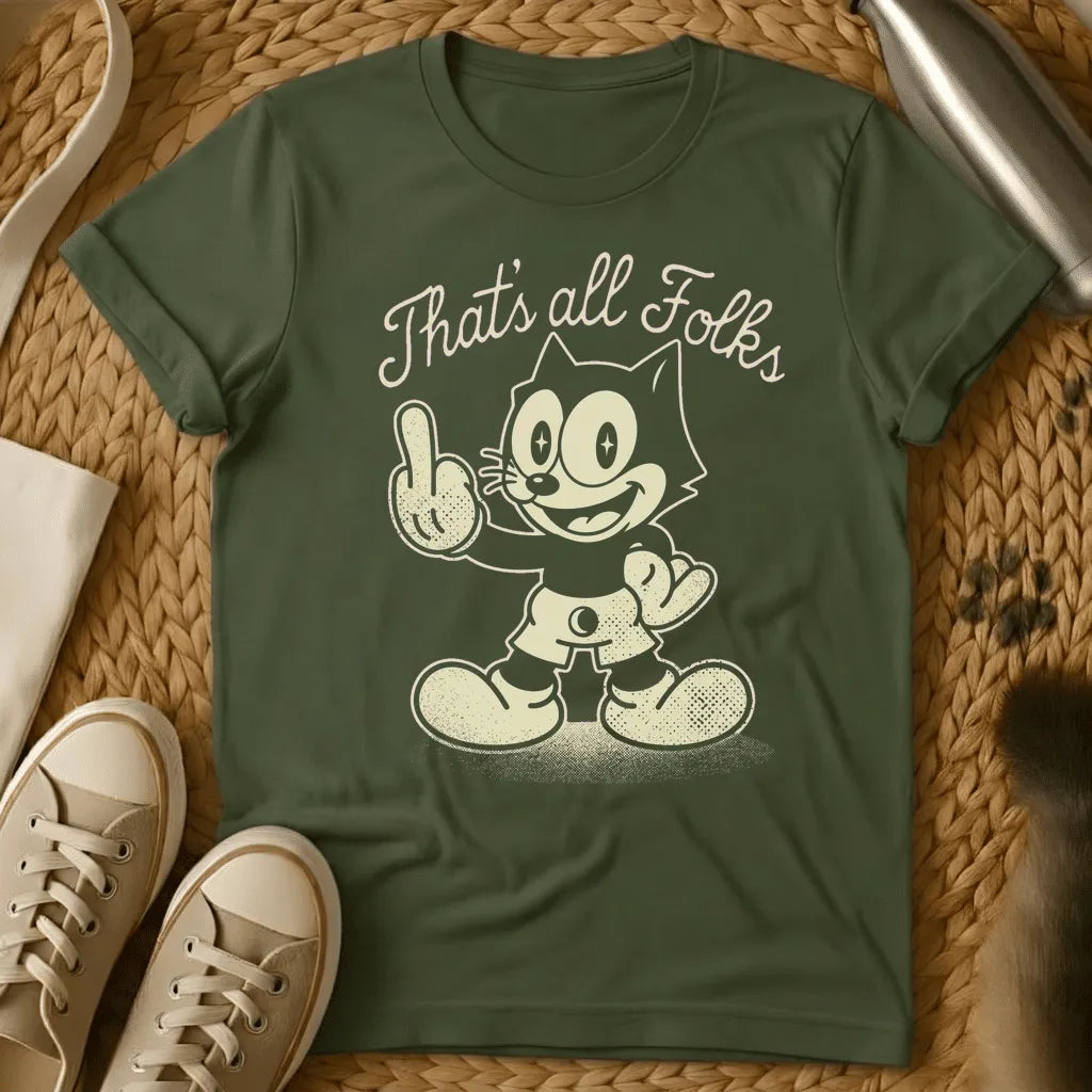 Military Green - Gray t-shirt with a vintage rubber-hose cartoon cat giving the middle finger under the script text That's all Folks