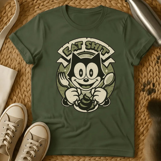 Military Green - Dark grey t-shirt with a retro cartoon cat holding fork and spoon over a poop emoji with text reading Eat Shit in a vintage badge design