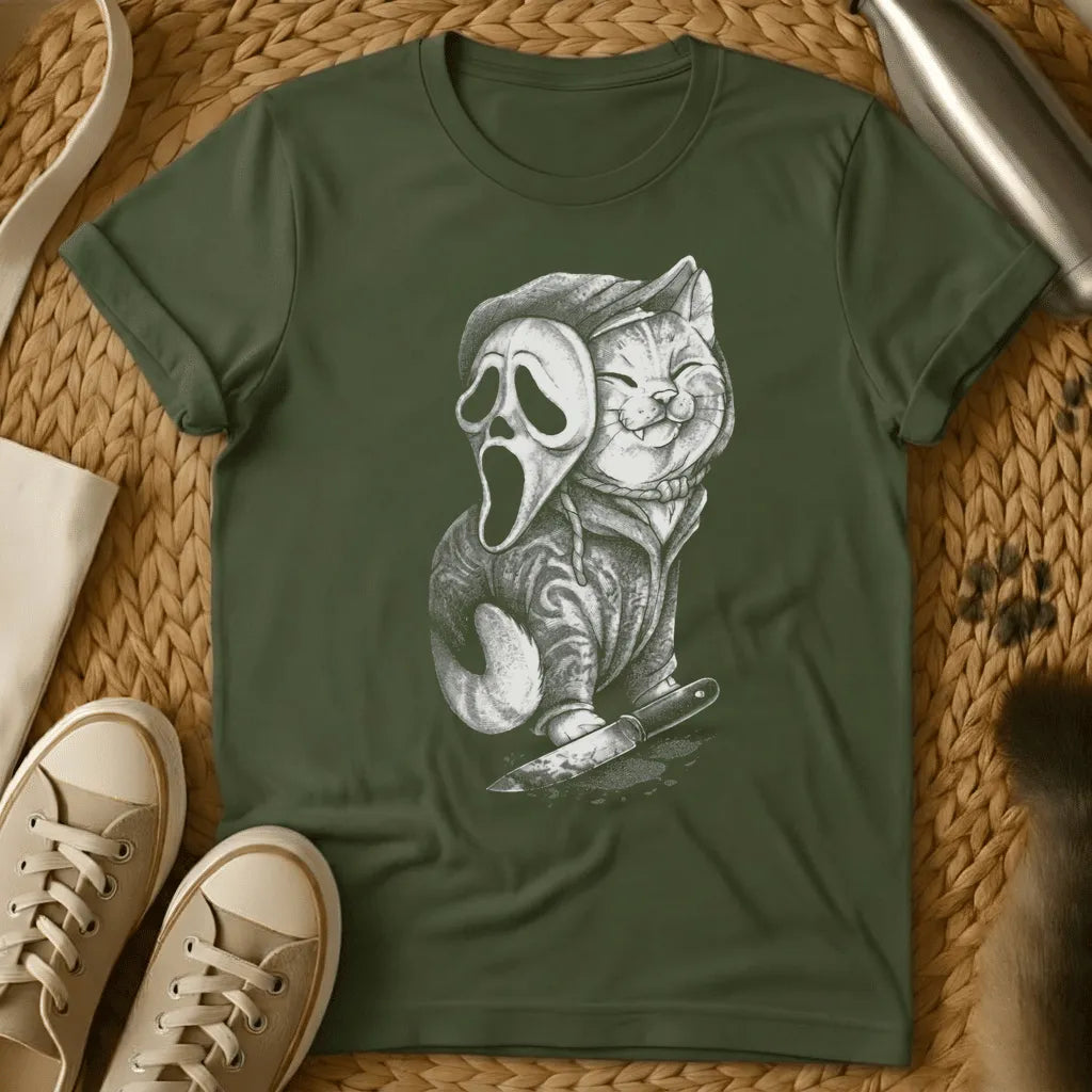 Military Green - Dark heather t-shirt with pencil art of a grinning cat lifting a ghost scream mask holding a bloody knife