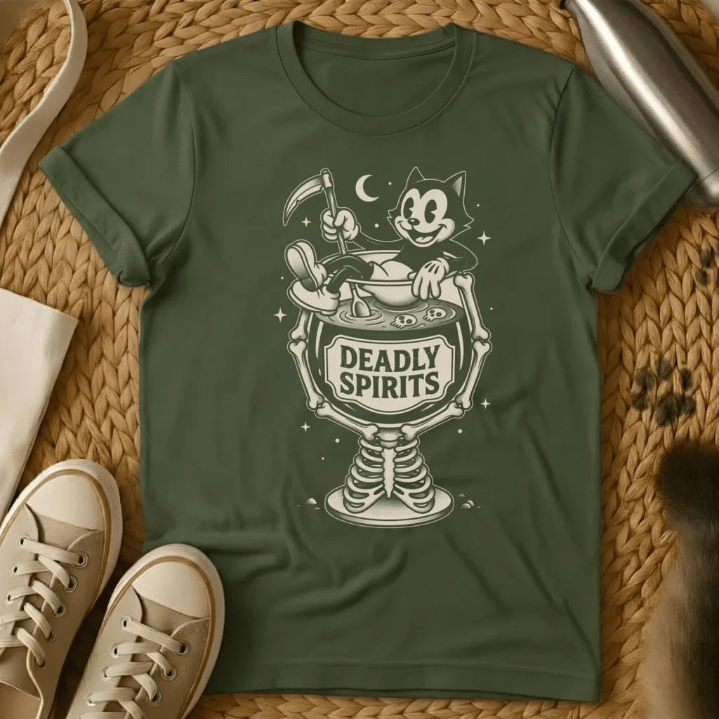 Military Green - Dark heather t-shirt with vintage cartoon cat in a skeleton goblet holding a scythe labeled Deadly Spirits retro Halloween design