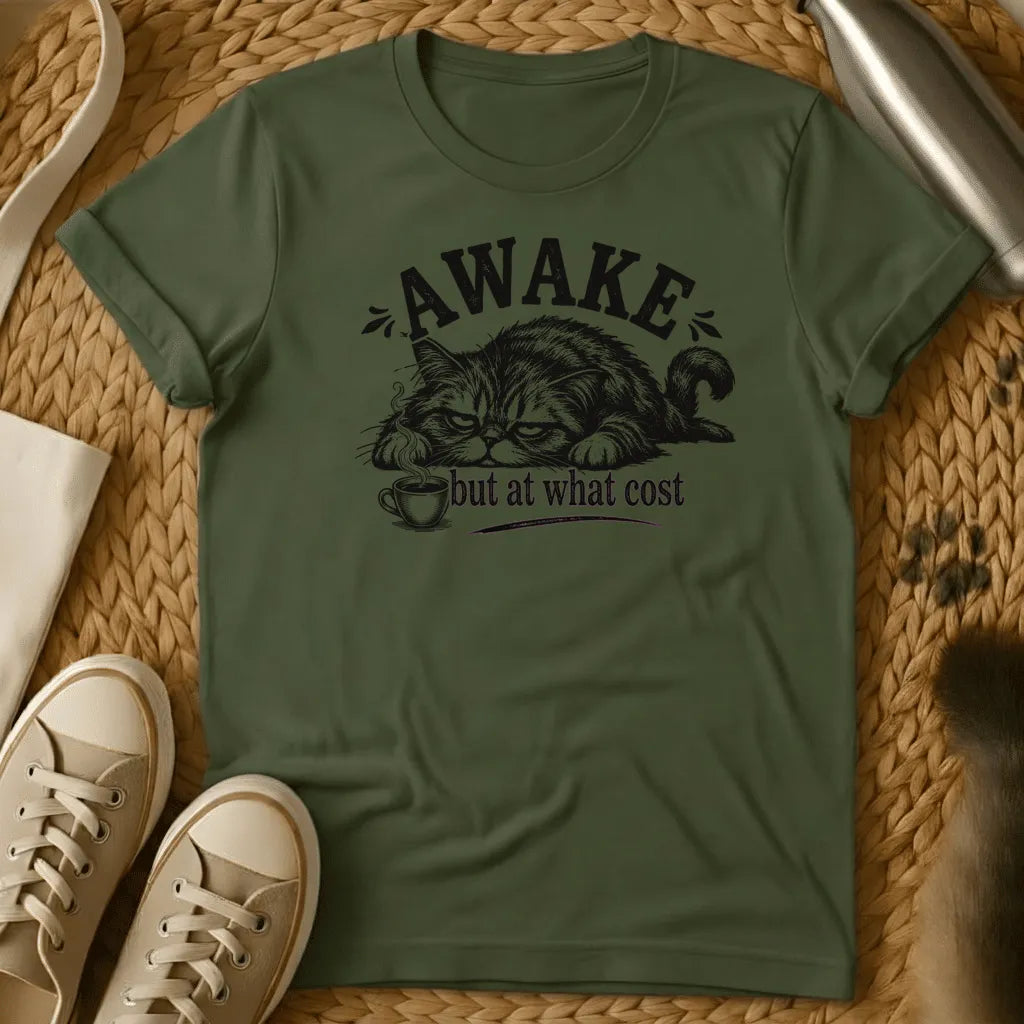 Military Green - Navy t-shirt with a grumpy lounging cat and coffee cup illustration reading Awake But At What Cost in vintage engraving style