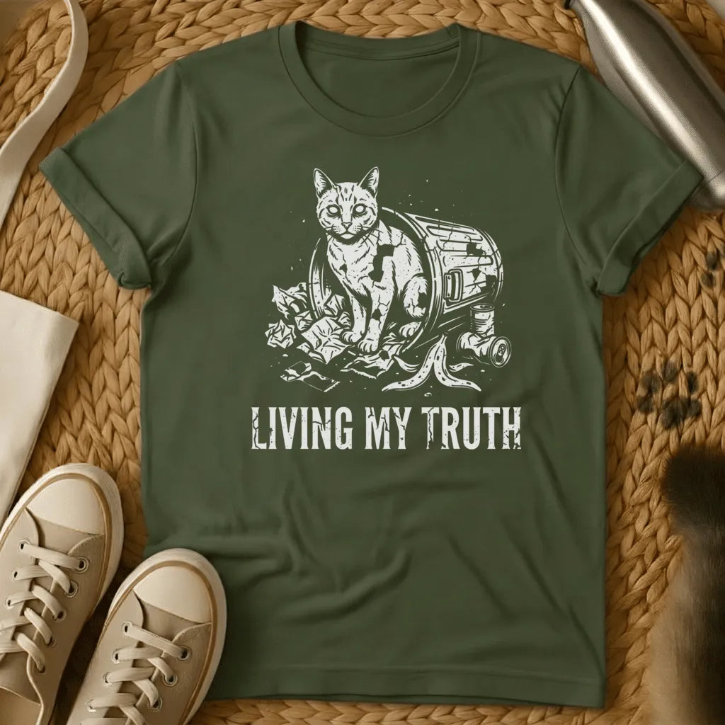 Military Green - Dark gray t-shirt featuring a cat in a trash can with "LIVING MY TRUTH" text, illustrated in white line art style.