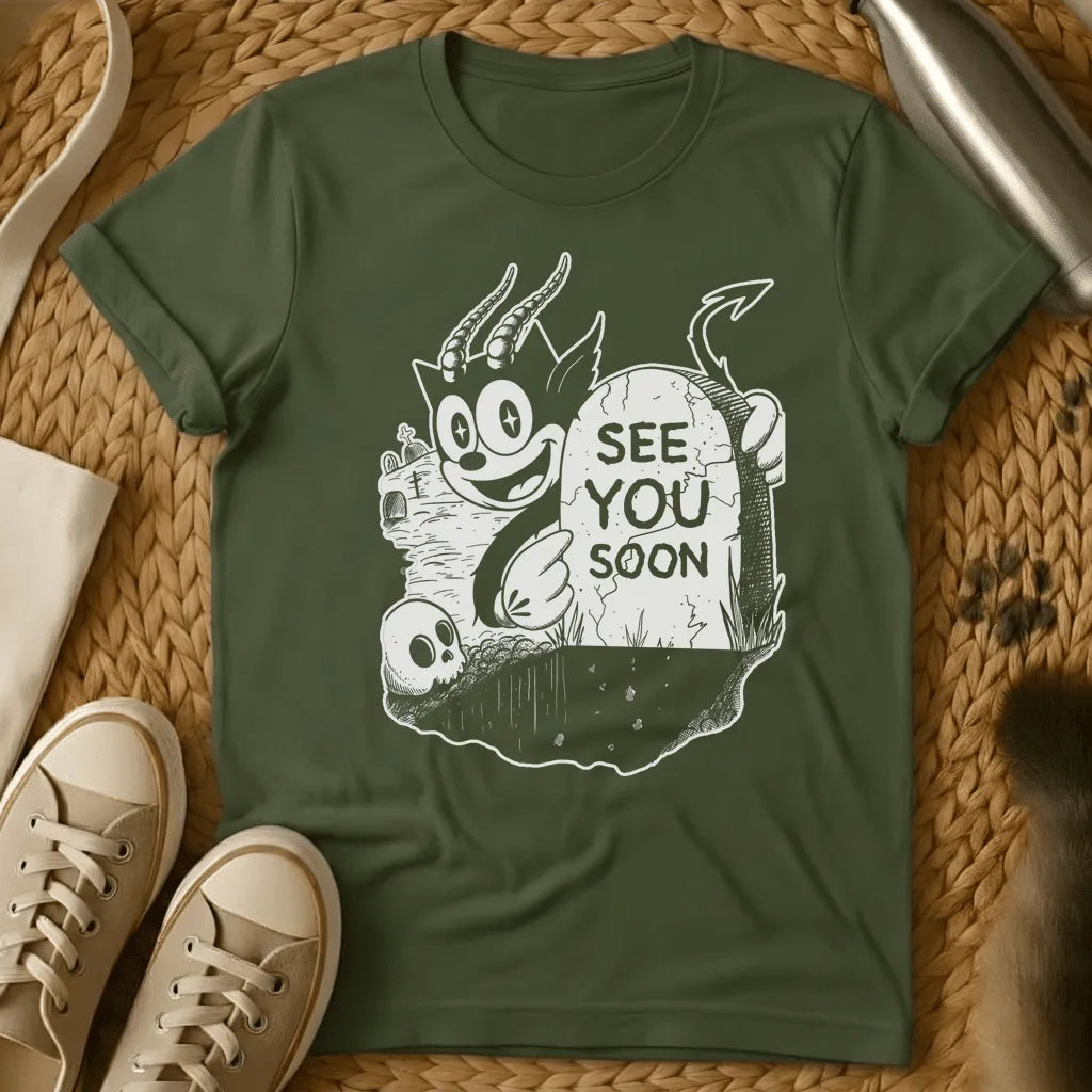 Military Green - Gray t-shirt with black cartoon demon character and "See You Soon" text in vintage horror illustration style