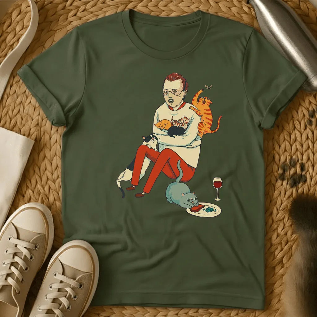 Military Green - Man surrounded by multiple cats in humorous illustration style on olive green t-shirt