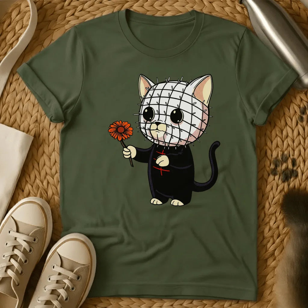 Military Green - Gray t-shirt with kawaii cat cartoon, pin-covered stitched face, black outfit, holding orange daisy flower, horror parody art style