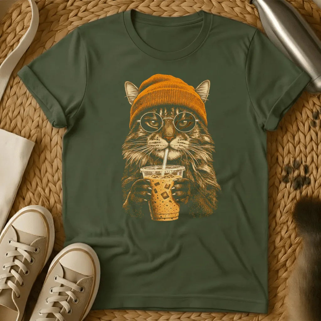 Military Green - Dark gray t-shirt with sepia illustration of a fluffy cat in an orange beanie and round glasses sipping iced coffee through a straw