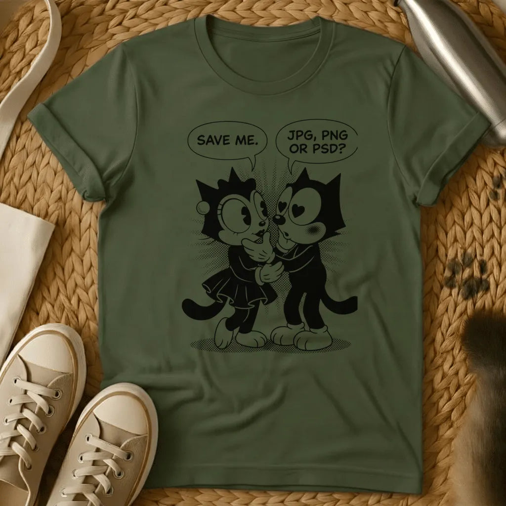 Military Green - Olive green t-shirt with retro cartoon cats in speech bubble comic style debating JPG PNG or PSD file formats