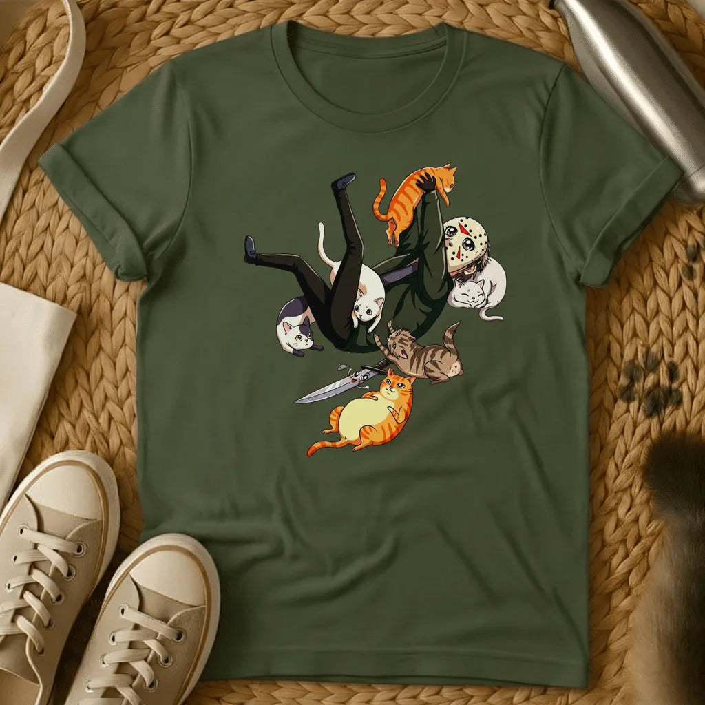 Military Green - A person in black falling surrounded by colorful cats and a knife on a sage green t-shirt in cartoon style