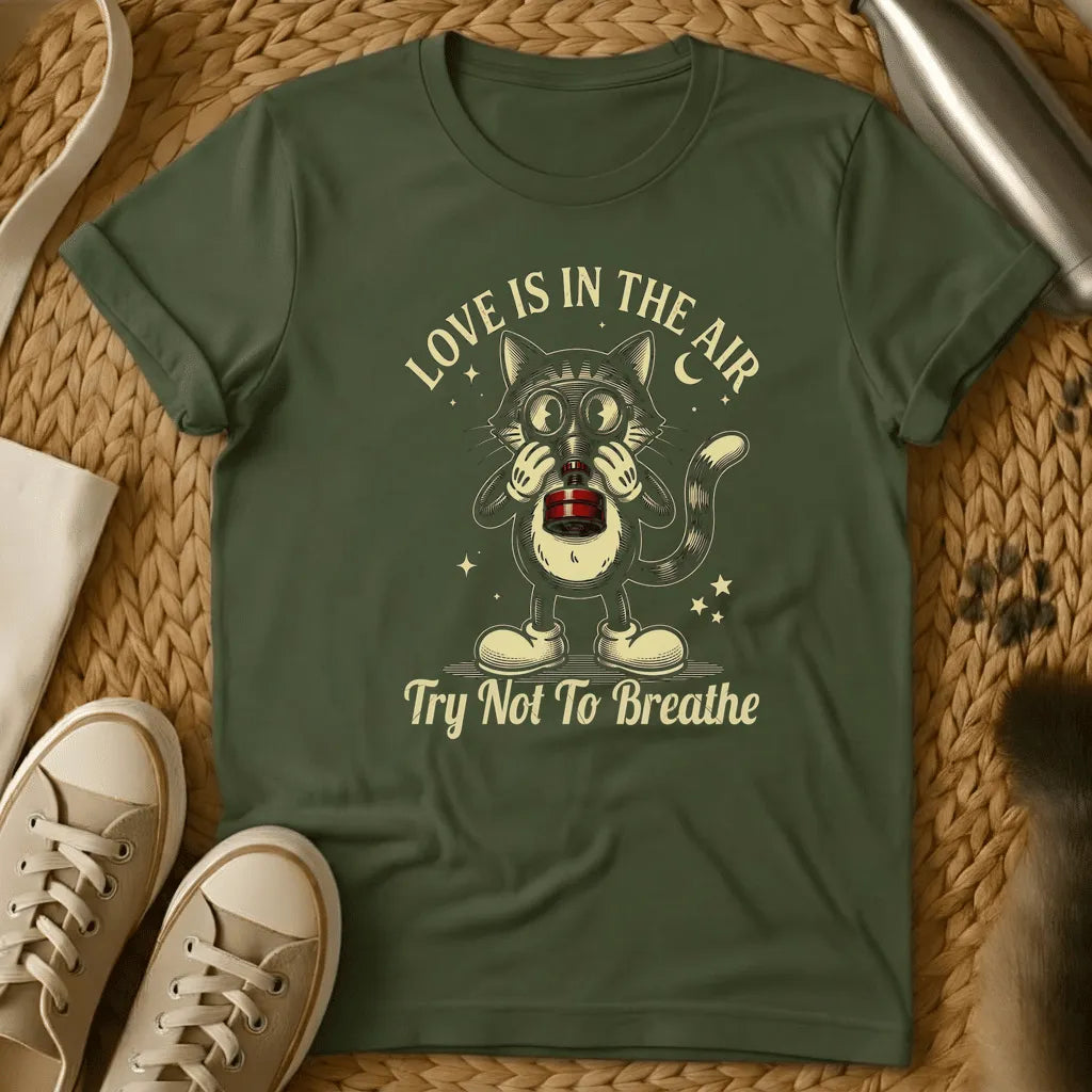 Military Green - Dark heather t-shirt with a vintage cartoon cat wearing a gas mask and goggles, stars and crescent moon, retro anti-Valentine design